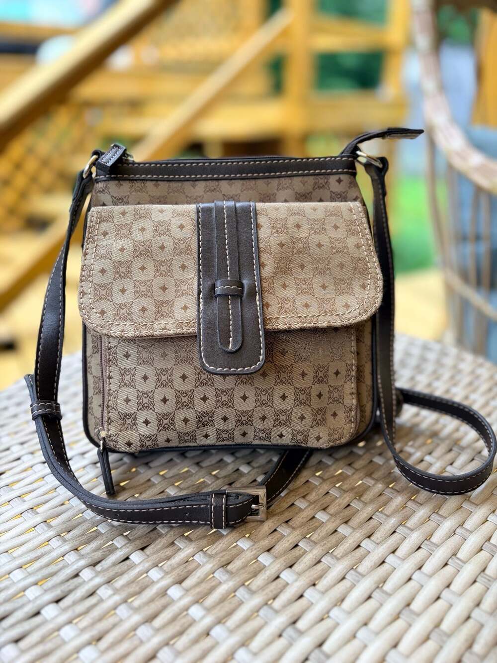 Liz Claiborne Villager Brown/Tan Canvas Crossbody Bag with Faux Leather Trim